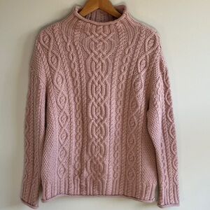 Aran Crafts Blush 100% soft metino wool Cable Knit Turtleneck Sweater size XL